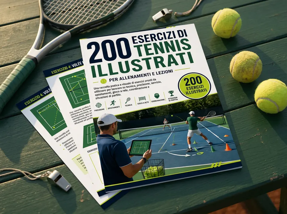 Giocatore italiano consulta la guida stampata durante un allenamento di tennis